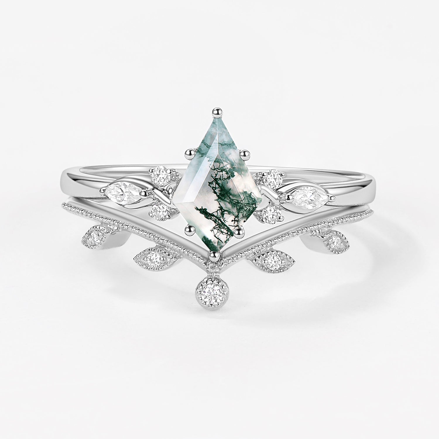Green Leafy Unique Kite Moss Agate Engagement Ring Sets 2pcs