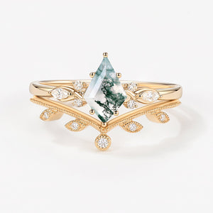 Green Leafy Unique Kite Moss Agate Engagement Ring Sets 2pcs