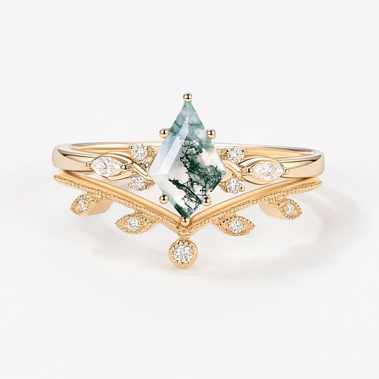 Green Leafy Unique Kite Moss Agate Engagement Ring Sets 2pcs