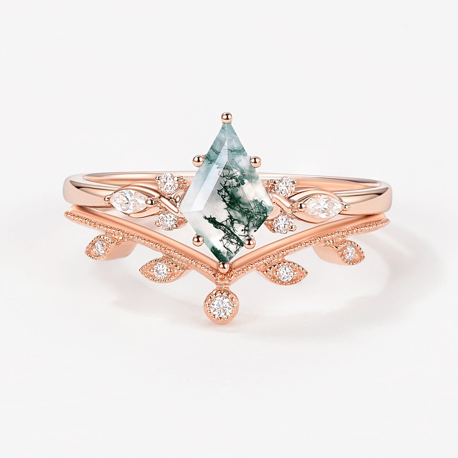 Green Leafy Unique Kite Moss Agate Engagement Ring Sets 2pcs