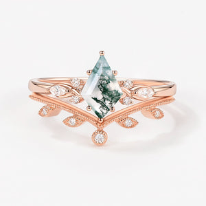 Green Leafy Unique Kite Moss Agate Engagement Ring Sets 2pcs