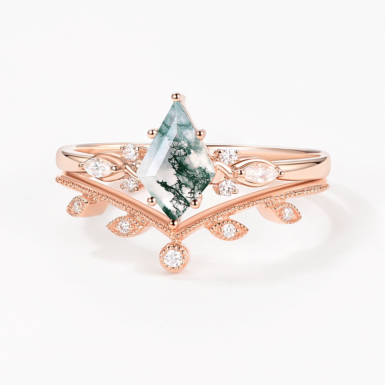 Green Leafy Unique Kite Moss Agate Engagement Ring Sets 2pcs