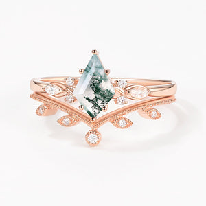 Green Leafy Unique Kite Moss Agate Engagement Ring Sets 2pcs