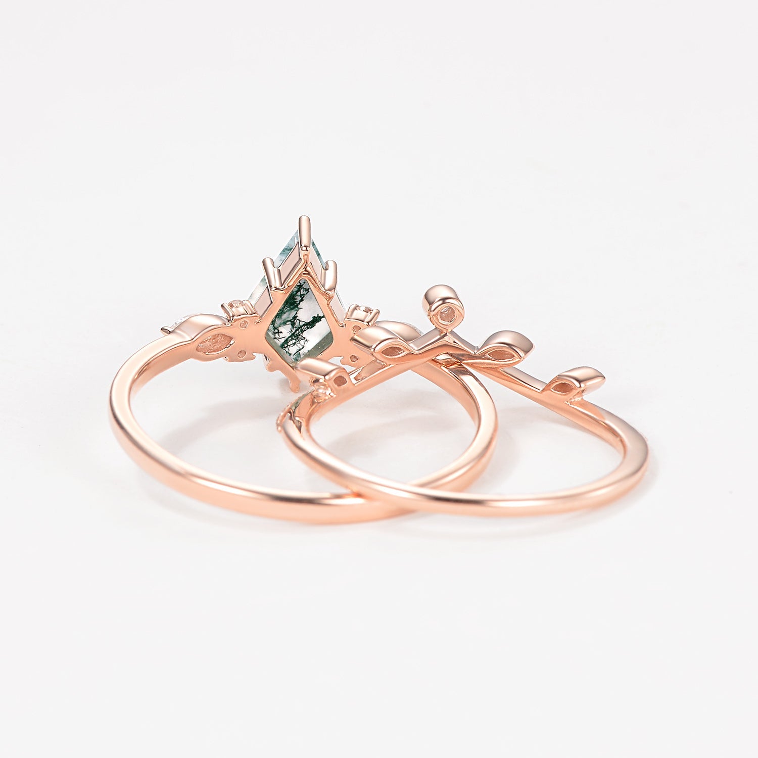 Green Leafy Unique Kite Moss Agate Engagement Ring Sets 2pcs