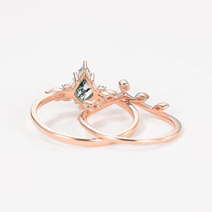 Green Leafy Unique Kite Moss Agate Engagement Ring Sets 2pcs