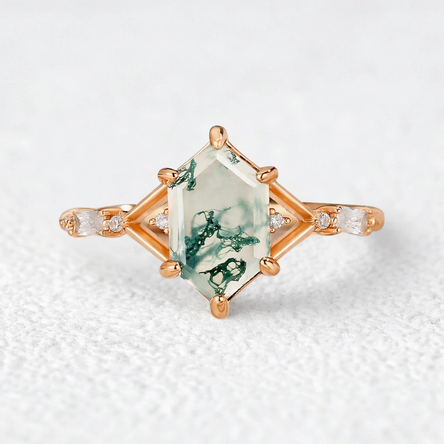Nature Inspired Hexagon Cut Moss Agate Engagement Ring