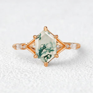 Nature Inspired Hexagon Cut Moss Agate Engagement Ring