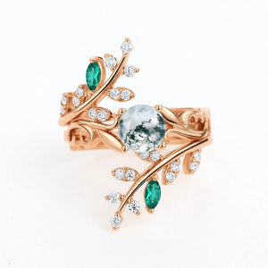 Forest Bloom – Round Cut Moss Agate & Emerald Bridal Set 2pcs