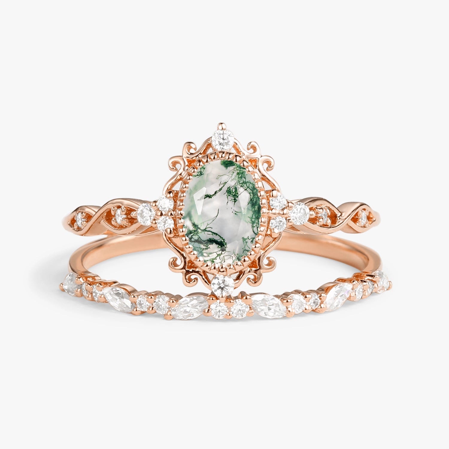Margaret's Garden – Oval Cut Vintage Moss Agate Bridal Set 2pcs