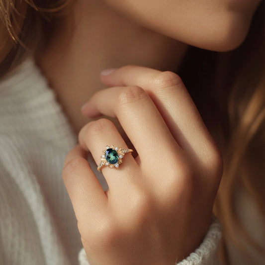 Enshrined Glow | Vintage Oval Cut Emerald Halo Engagement Ring