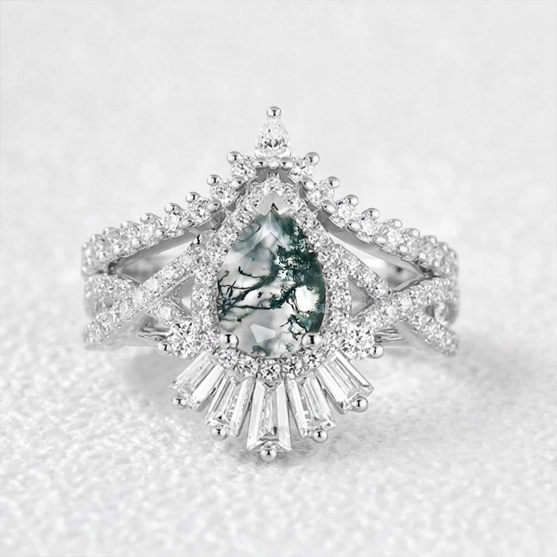 Elara's Crown | Pear Moss Agate Halo Baguette Bridal Set 2pcs