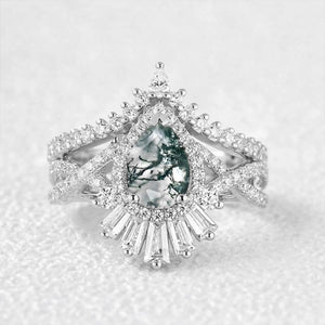Elara's Crown | Pear Moss Agate Halo Baguette Bridal Set 2pcs