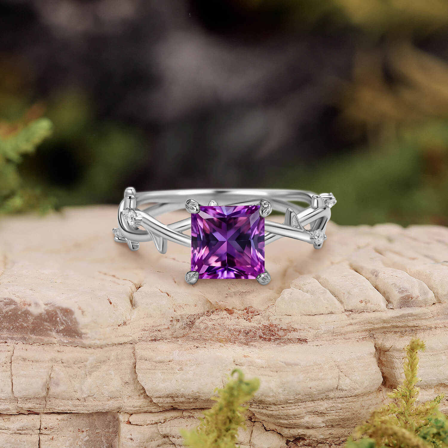 Nature Inspired Princess Cut Moss Agate Leafy Engagement Ring