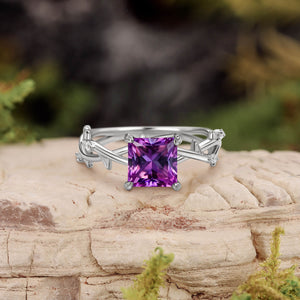 Nature Inspired Princess Cut Moss Agate Leafy Engagement Ring