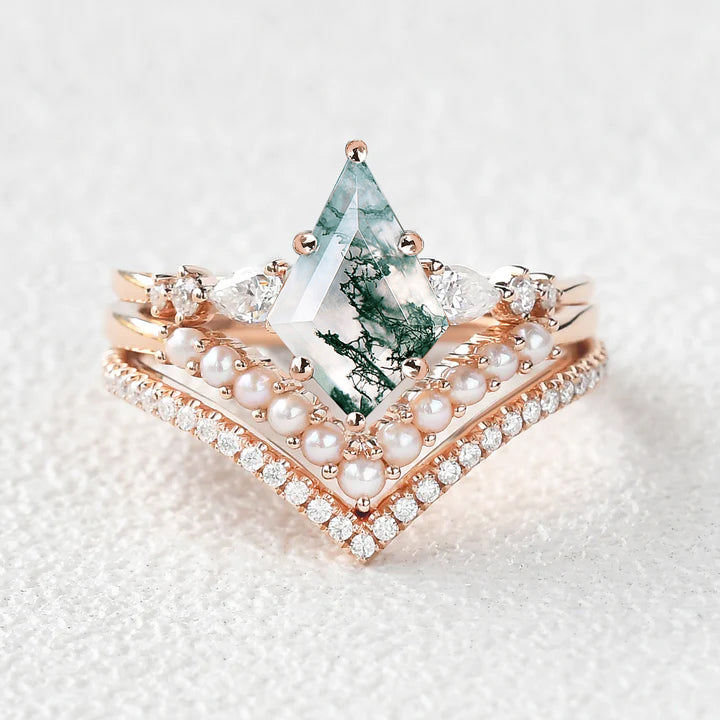 Kite Cut Moss Agate Pearl Stacking Engagement Bridal Set 3pcs