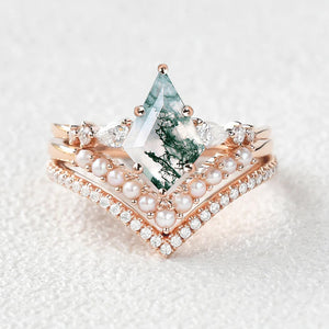 Kite Cut Moss Agate Pearl Stacking Engagement Bridal Set 3pcs