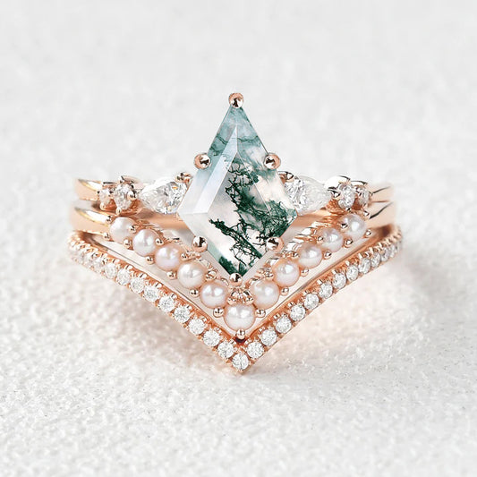 Kite Cut Moss Agate Pearl Stacking Engagement Bridal Set 3pcs