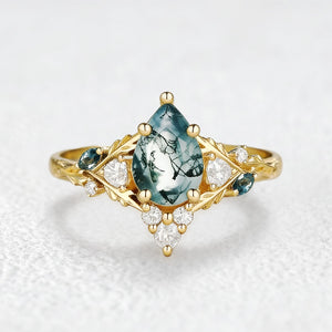 Katriel Pear Cut Lab Moss Agate Oak Leaf Engagement Ring
