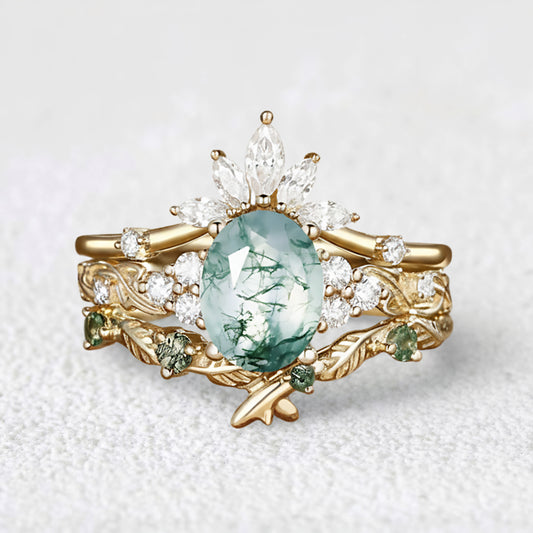 Nature Inspired Oval Cut Moss Agate Cluster Leafy Bridal Set