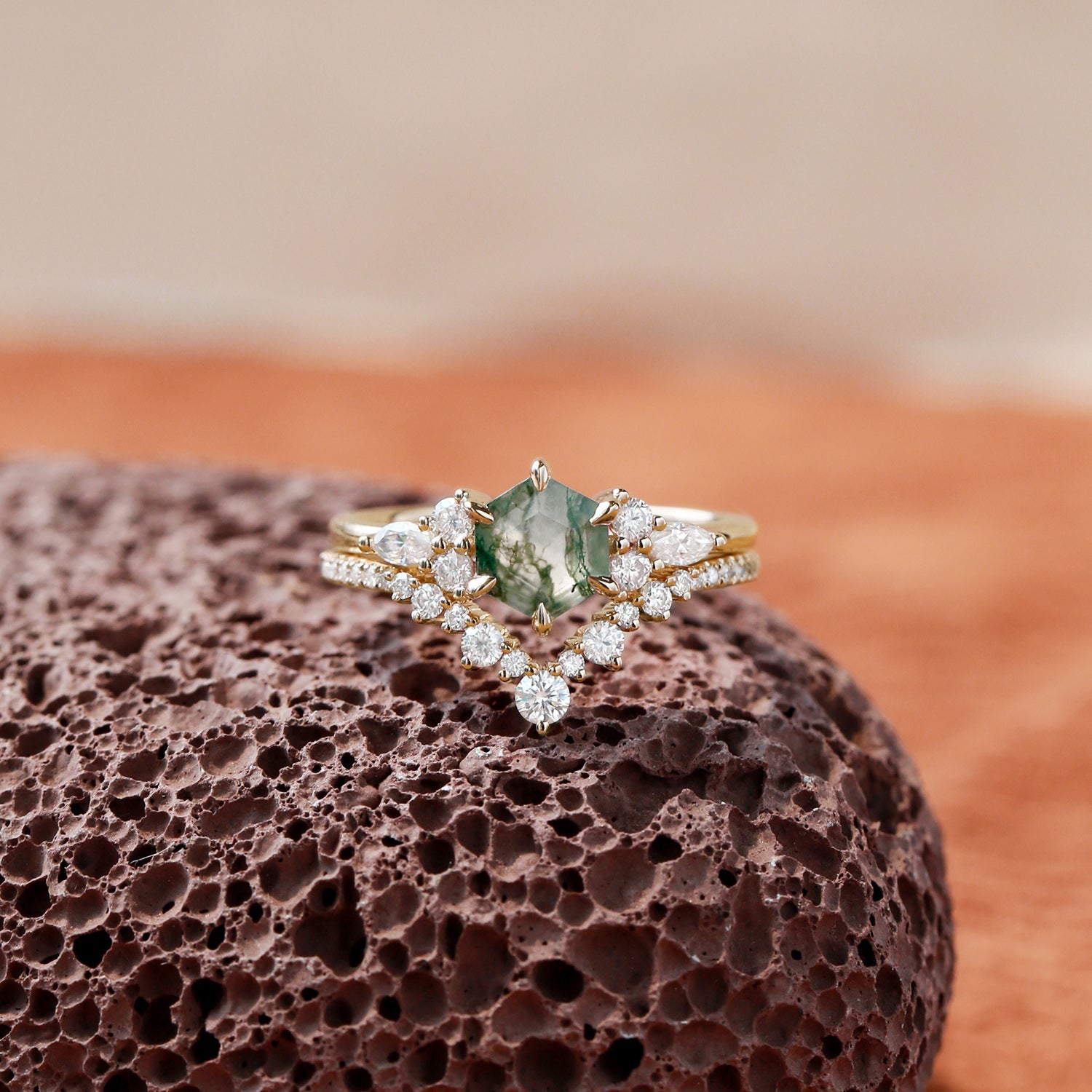 Vintage Hexagon Cut Moss Agate Engagement Ring Set 2pcs - Inaya