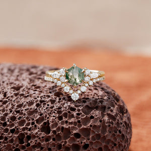 Vintage Hexagon Cut Moss Agate Engagement Ring Set 2pcs - Inaya