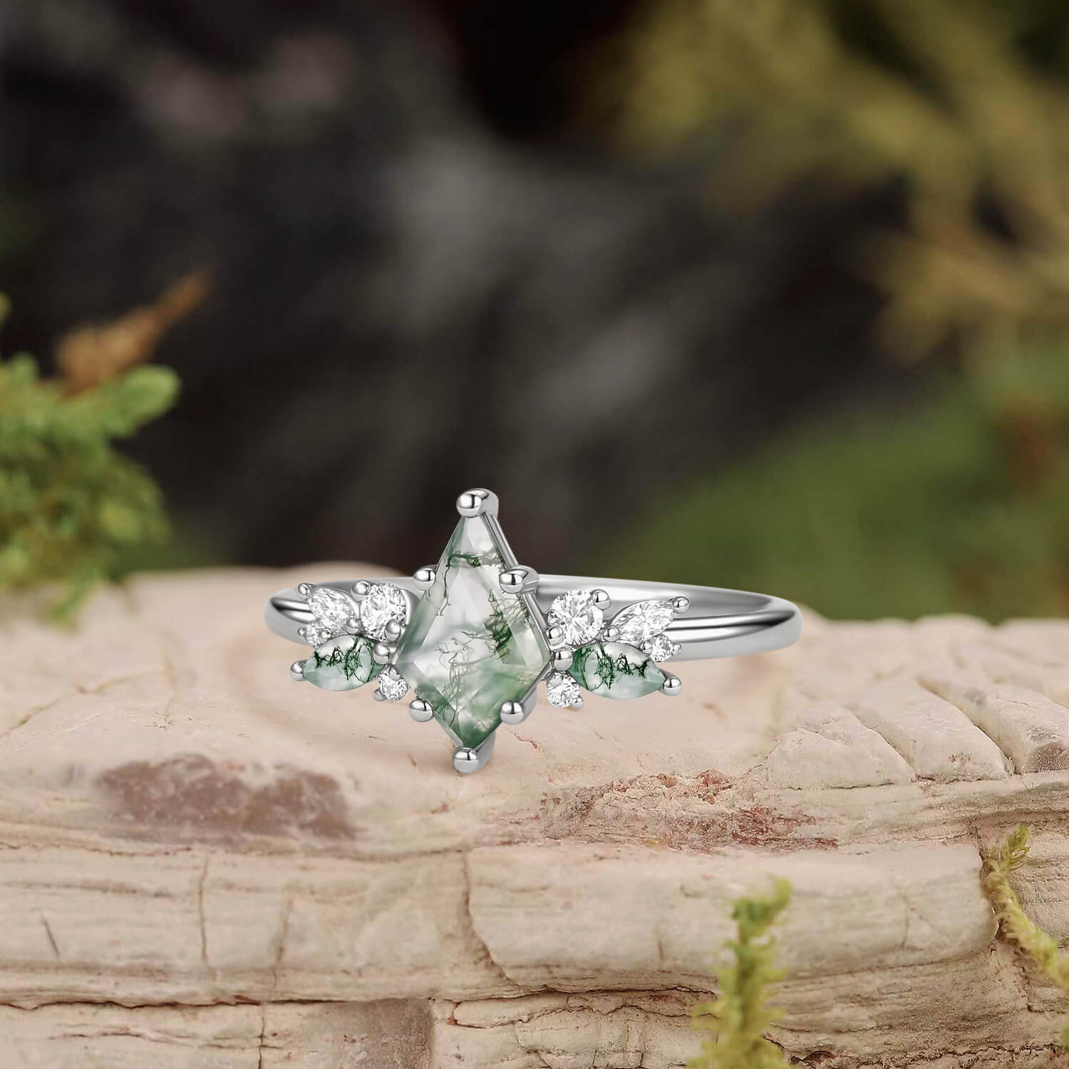 Nature Inspired Kite Cut Moss Agate Engagement Ring