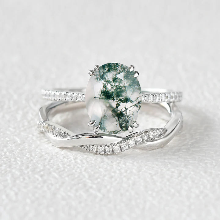 2.0ct Oval Moss Agate Rose Gold Ring Set 2pcs