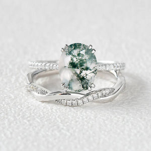 2.0ct Oval Moss Agate Rose Gold Ring Set 2pcs