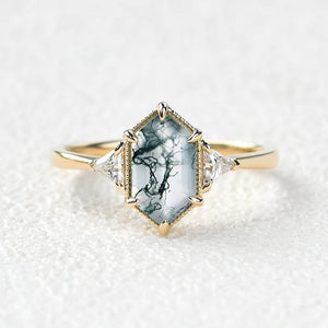 1.5ct Geometric Moss Agate Three-stone Vintage Ring