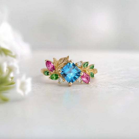 Swiss Blue Topaz Engagement Ring, Asscher cut Topaz Engagement ring, Solid Gold Nature Inspired Leafy Engagement Ring