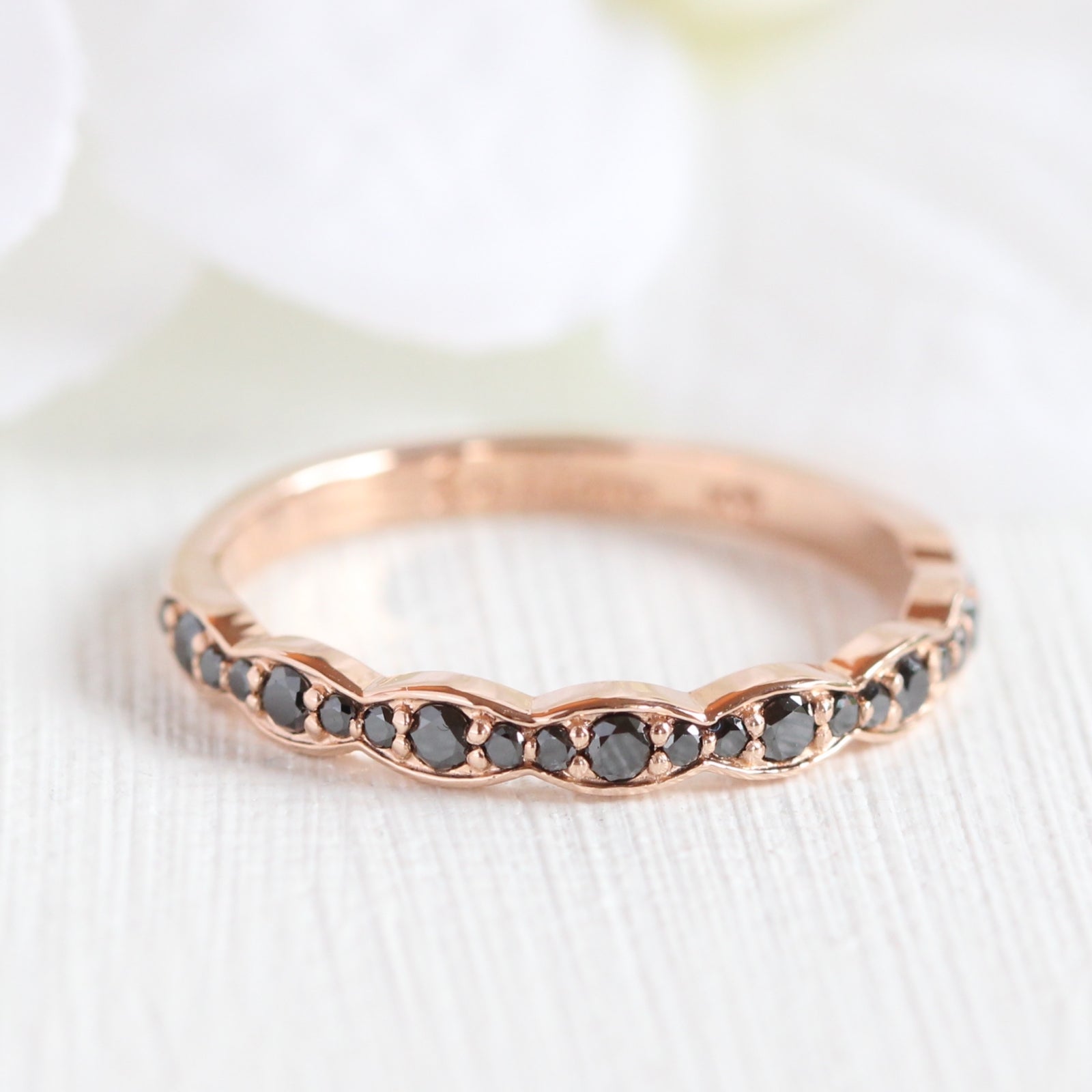 Grace Solitaire Black Diamond Ring Set w/ Matching Diamond Scalloped Wedding Band