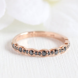 Grace Solitaire Black Diamond Ring Set w/ Matching Diamond Scalloped Wedding Band