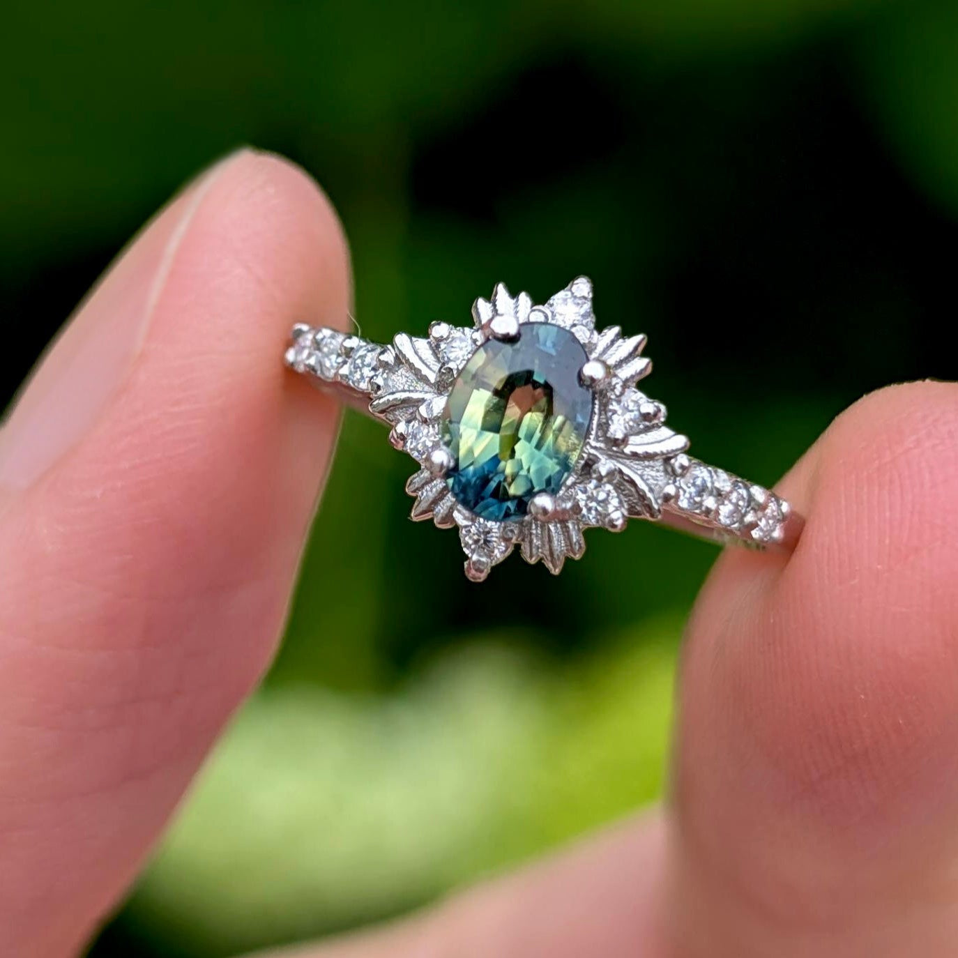 1CT Oval Cut Royal Glow Green Gemstone Halo Engagement Ring