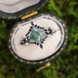 Nature Inspired Square Cut Moss Agate Leaf and Vine Promise Ring Set