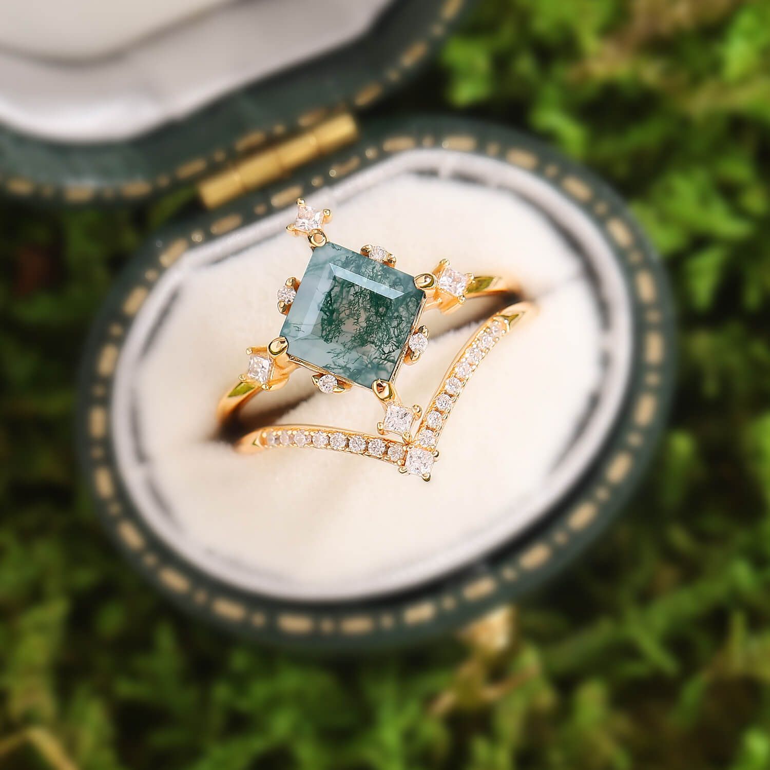 Nature Inspired Square Cut Moss Agate Promise Ring Set