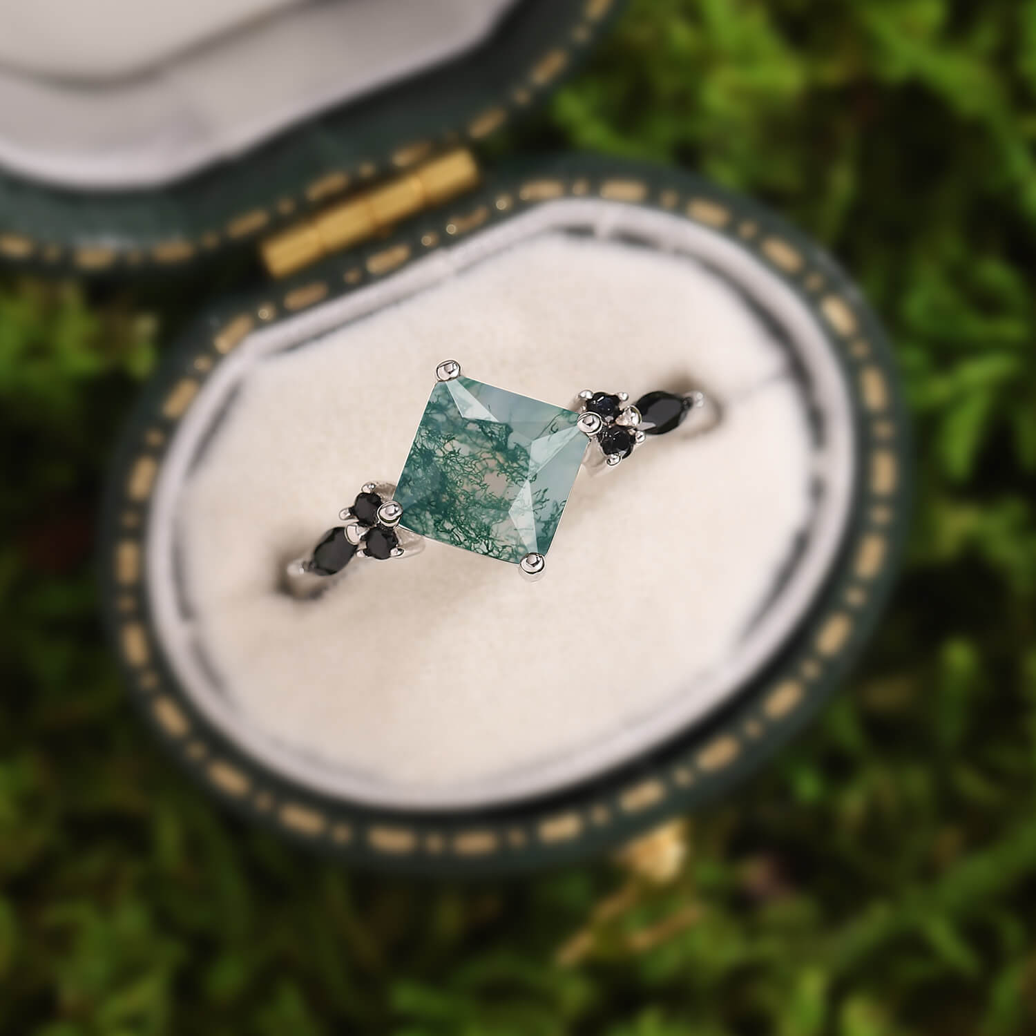 Nature Inspired Square Cut Moss Agate Leaf and Vine Promise Ring