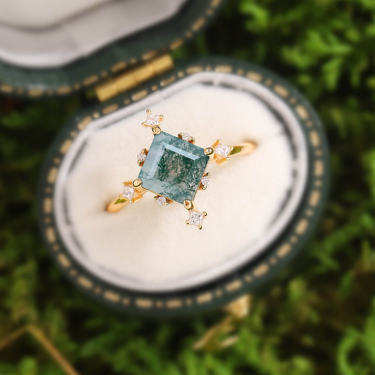Nature Inspired Square Cut Moss Agate Promise Ring