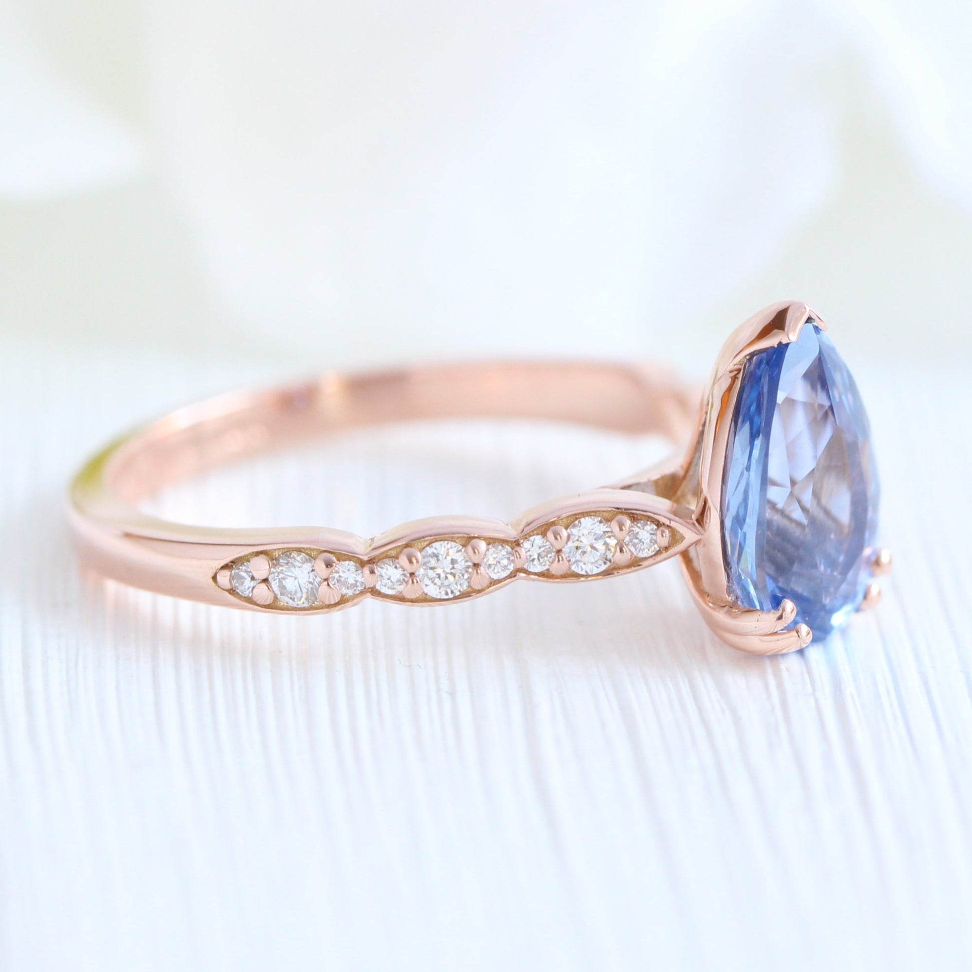 2.18 Ct Pear Blue Sapphire Diamond Ring in 14k Rose Gold Grace Solitaire Ring, Size 6.5