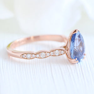 2.18 Ct Pear Blue Sapphire Diamond Ring in 14k Rose Gold Grace Solitaire Ring, Size 6.5