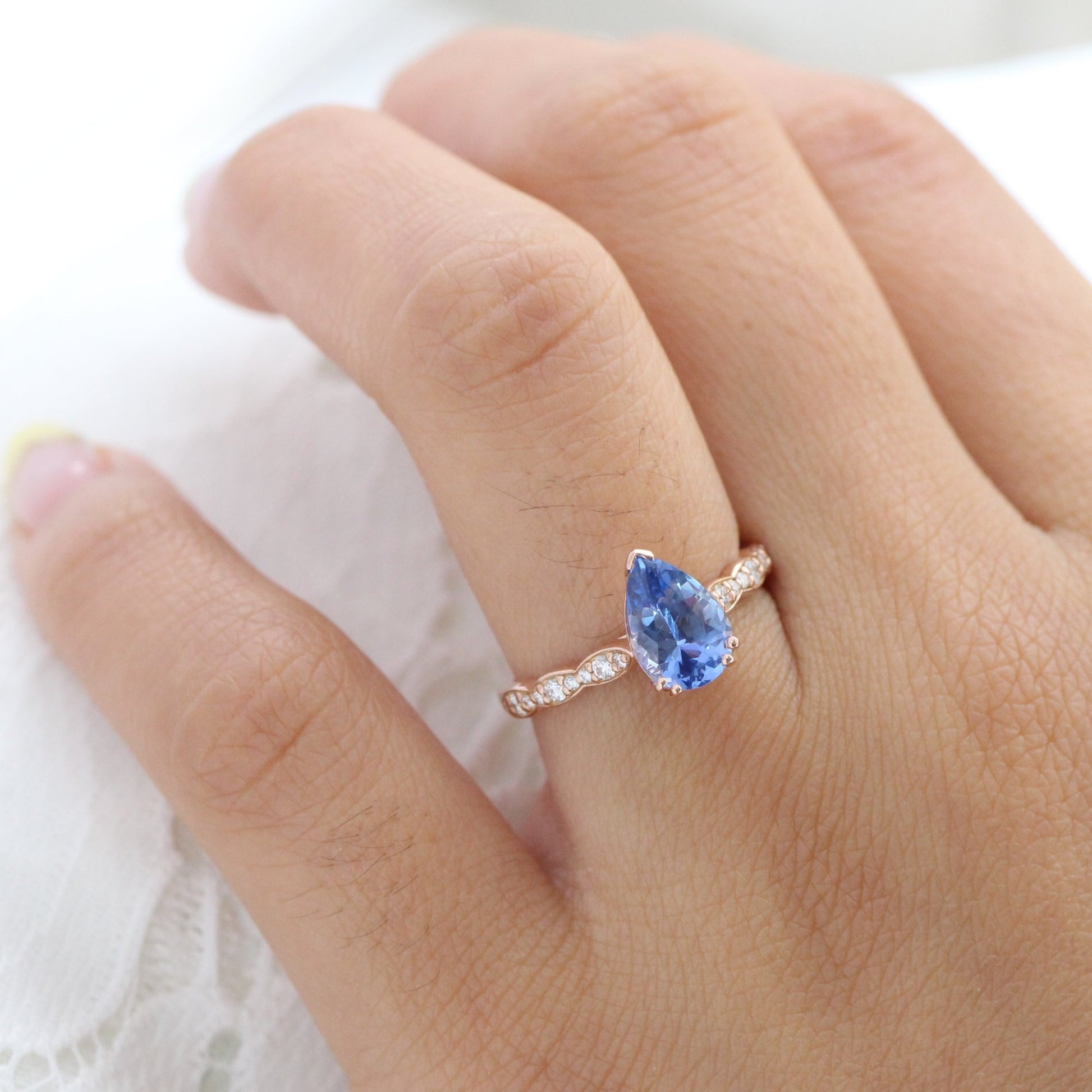 2.18 Ct Pear Blue Sapphire Diamond Ring in 14k Rose Gold Grace Solitaire Ring, Size 6.5