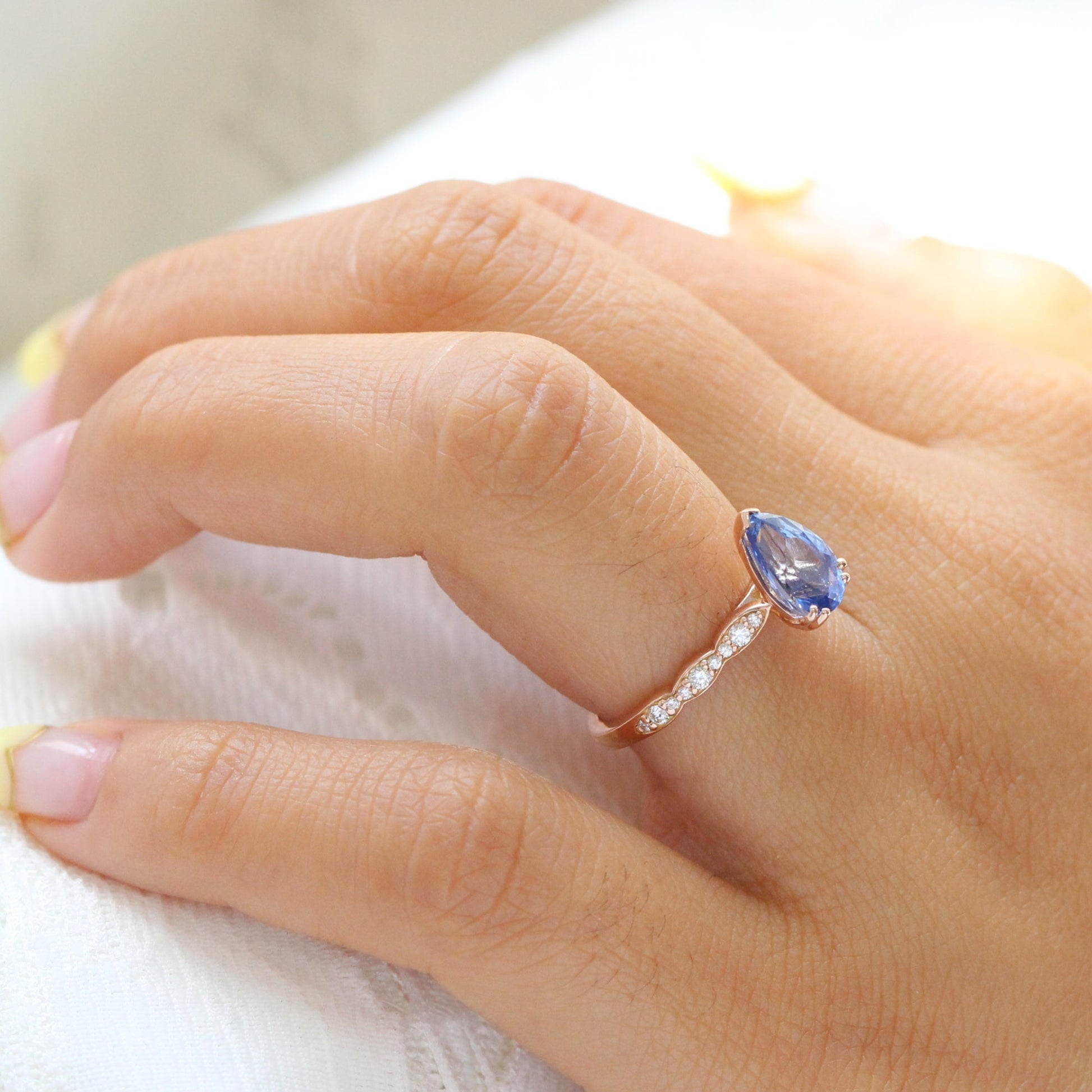 2.18 Ct Pear Blue Sapphire Diamond Ring in 14k Rose Gold Grace Solitaire Ring, Size 6.5