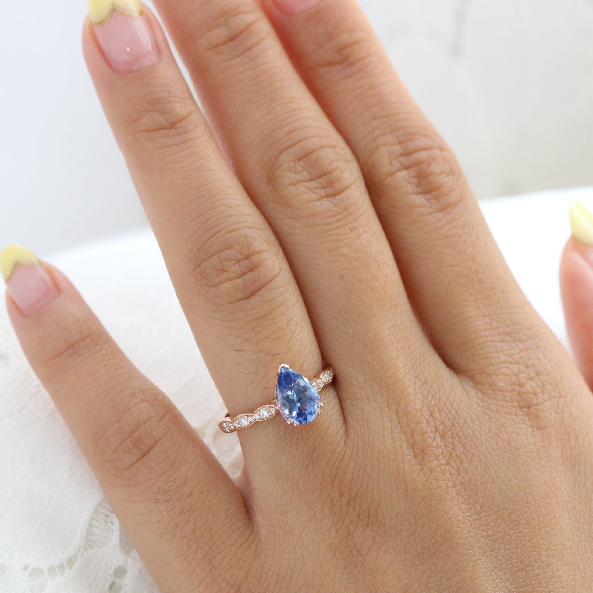 2.18 Ct Pear Blue Sapphire Diamond Ring in 14k Rose Gold Grace Solitaire Ring, Size 6.5