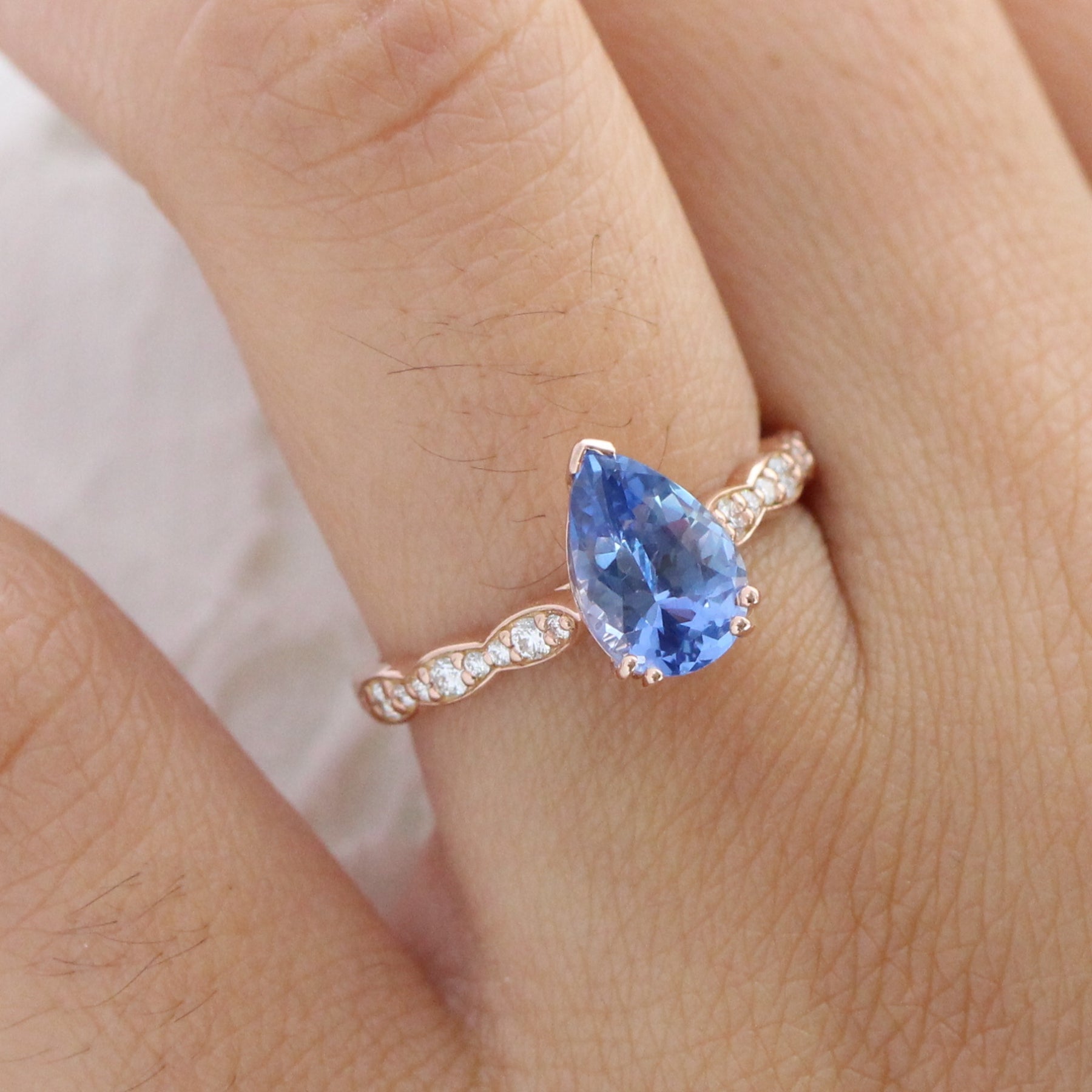 2.18 Ct Pear Blue Sapphire Diamond Ring in 14k Rose Gold Grace Solitaire Ring, Size 6.5