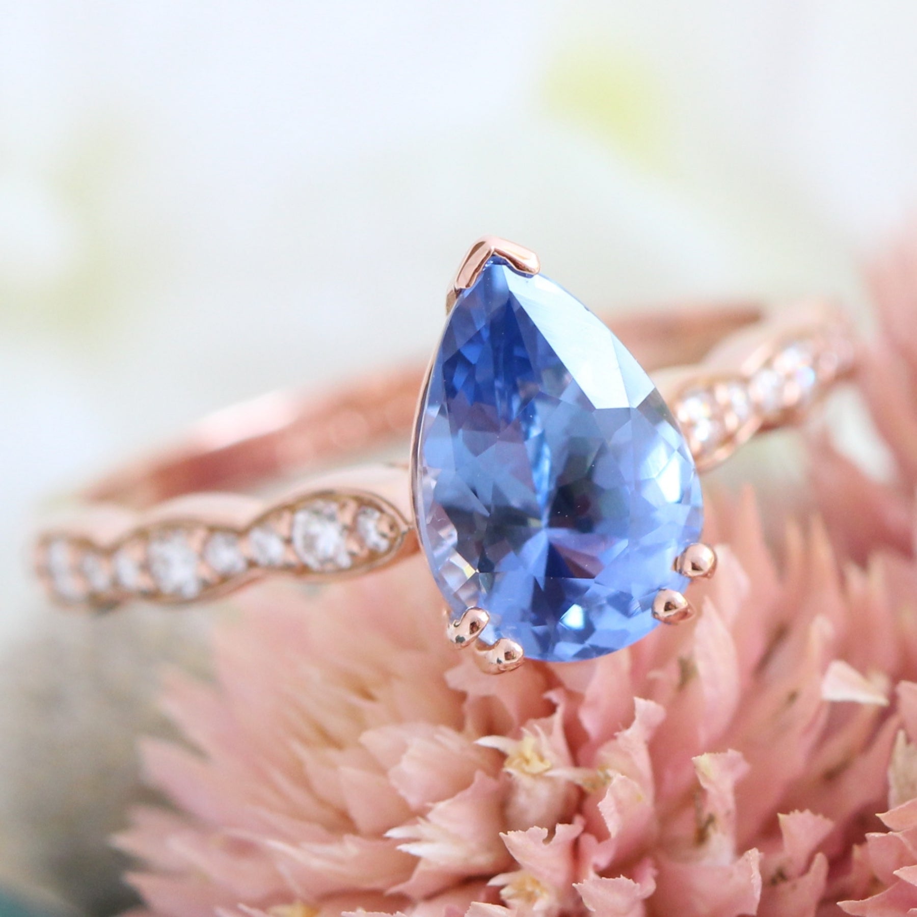 2.18 Ct Pear Blue Sapphire Diamond Ring in 14k Rose Gold Grace Solitaire Ring, Size 6.5