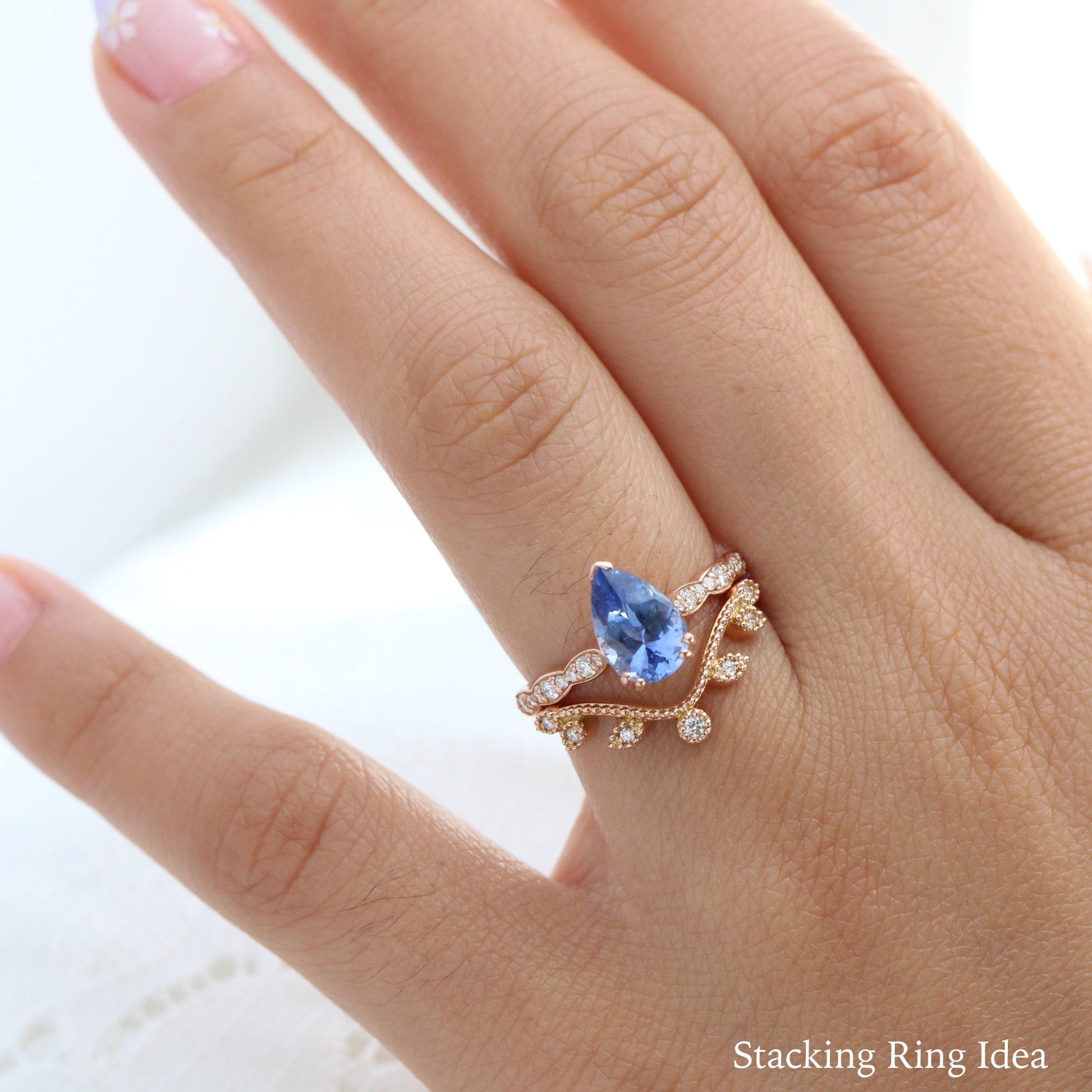 2.18 Ct Pear Blue Sapphire Diamond Ring in 14k Rose Gold Grace Solitaire Ring, Size 6.5
