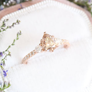 1.29 Ct Pear Champagne Diamond Ring in 14k Rose Gold 3 Stone Pave Band, Size 6.5