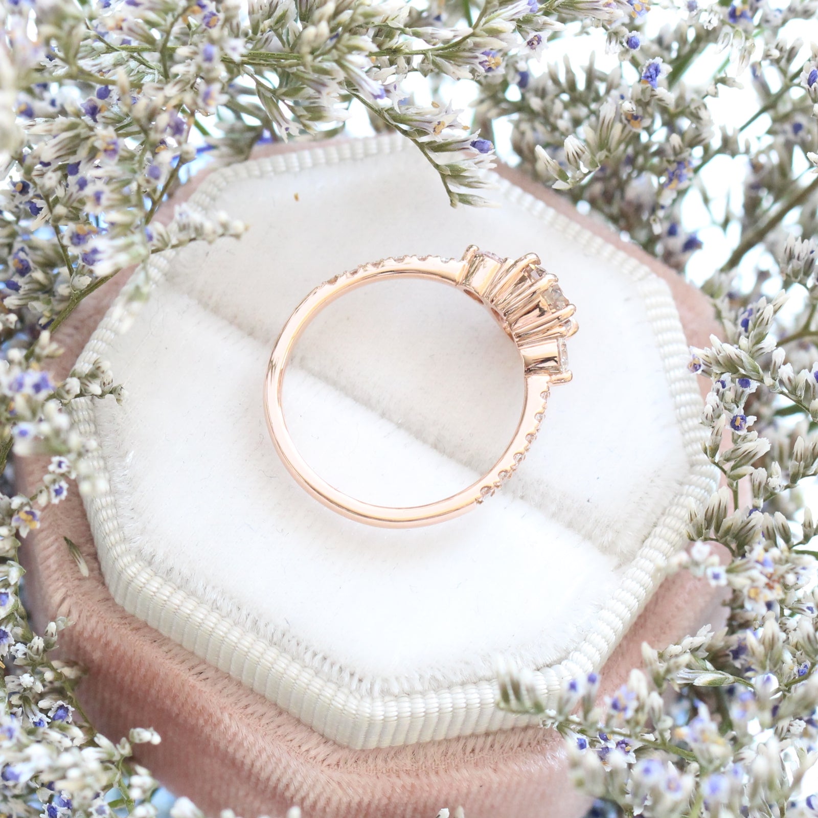 1.29 Ct Pear Champagne Diamond Ring in 14k Rose Gold 3 Stone Pave Band, Size 6.5