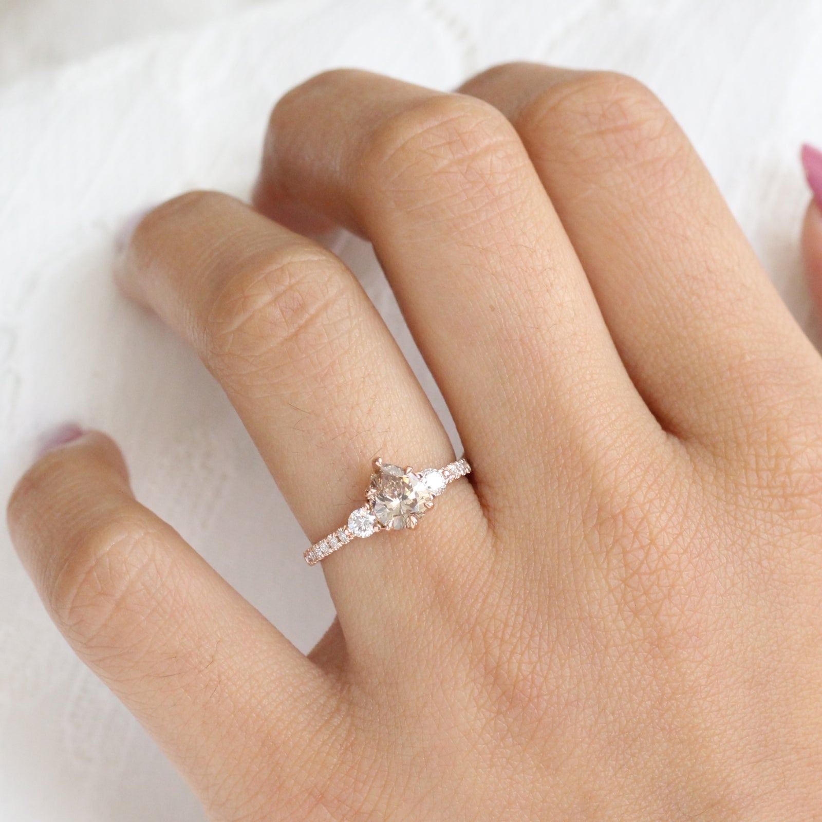 1.29 Ct Pear Champagne Diamond Ring in 14k Rose Gold 3 Stone Pave Band, Size 6.5