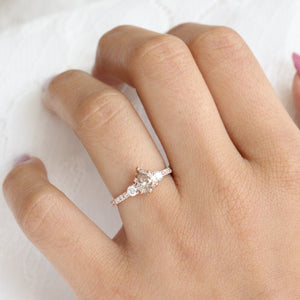 1.29 Ct Pear Champagne Diamond Ring in 14k Rose Gold 3 Stone Pave Band, Size 6.5