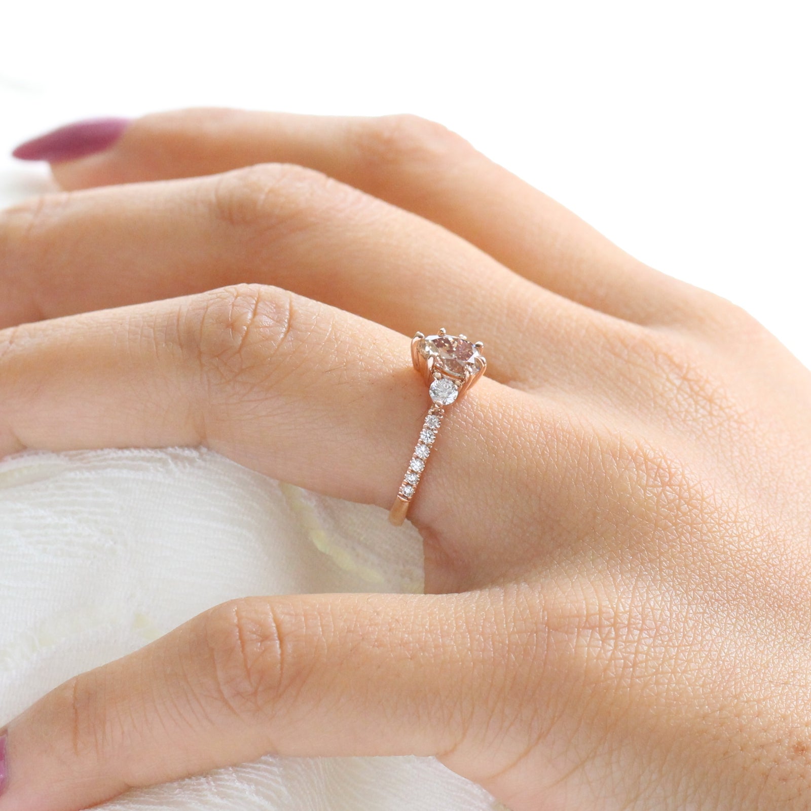 1.29 Ct Pear Champagne Diamond Ring in 14k Rose Gold 3 Stone Pave Band, Size 6.5